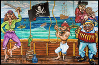 Decorat pintat a l'exterior del Museu del Pirata. Nassau. Bahames DONES PIRATES  Vestides d'home, Anne Bonny i Mary Read navegar sobre la comanda del capità pirata Rackman. Elles posseïen un temperament exaltat i suposadament eren tan ferotges com els homes que amb elles lluitaven. Els dies de pirateria d'Anne Bonny començar quan va conèixer a Calico Jack Rackman a l'illa de New Providence. Va abandonar al seu marit, James Bonny, pel capità pirata Calico Jack. Disfressada amb robes d'home, Anne es va unir a Jack en el seu navili i després va conquerir la reputació de ser tan cruel i valent com els altres pirates a bord. Hi havia una altra dona igualment notable en el mateix vaixell. Disfressada d'home, Mary Read es va unir poc temps abans a la tripulació de Calico Jack. Des de jove, Mary Read desitjava aventura. En l'època en la qual va conèixer a Anne Bonny, ja havia estat en el regiment d'un navili de guerra, havia estat marinera d'un navili de càrrega i també havia integrat la tripulació d'un navili corsari. D'acord a tots els relats, Anne Bonny i Mary Read eren tan valents i audaços com els homes amb qui lluitaven. En 1720, el capità Burnet, un caçador de pirates comissionat pel governador reial Woodes Rogers, va atacar el navili d'elles. La tripulació, que estava borratxa en aquell moment, es va amuntegar al celler mentre les dues dones s'enfrontaven als agressors. Elles no van vèncer i tots van ser jutjats per pirateria i sentenciats a la pena de mort. Arlegando un embaràs, Anne i Mary van evitar la forca immediatament, però Mary va acabar morint a la cel · la a causa d'una febre. Anne va donar a llum el seu nadó i, per algun motiu, van ajornar la seva sentència. Ella va desaparèixer i mai més hi va haver notícies.