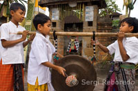 Diversos joves toquen música recorrent els carrers de Ubud durant la celebració del Galungan. El festival de Galungan, el més important de Bali, simbolitza la victòria de Drama (virtut) sobre Adharma (mal). Durant els dies que duren les celebracions dels balineses desfilen per tota l'illa adornada amb pals llargs de bambú (penjor) decorat amb panotxes de blat de moro, coco, coques i pastissets d'arròs així com teles blanques o grogues, fruites flors. Aquesta festa se celebra cada 210 dies. Ubud. Bali.