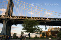 Un fotògraf sota el pont de Manhattan Bridge. Aquest pont sempre ha viscut a l'ombra del seu il.lustre germà gran, al sud. Inaugurat el 1909, aquest pont no té la gràcia de l'Brooklyn (és un embolic de cables en blau i blanc, està revestit per un filat francament carcerària, el passeig de vianants està al costat sud, no al centre, i hi ha de suportar sorolls i tremolors del metro), però té els seus avantatges. Primera: la seva ubicació en ple Chinatown. Després d'un dinar a New York Noodle Town (28 i mig Bowery), allà mateix, a la cantonada de Bowery i Canal, hi ha les escales que donen accés al pont. En qüestió de minuts es gaudeixen el meravellós paisatge i la vista de Brooklyn Bridge. Després de caminar una mitja hora, baixes una altra sèrie d'escales i en cinc minuts més estàs en Down Under Manhattan Bridge Overpass (Dumb). Fa una dècada, quan els artistes es van instal.lar en els seus antics Galpón i fàbriques, alguns deien que era massa sinistre allà sota el pont Manhattan, i que mai es podria crear un ambient de barri, però allà està, amb cada vegada més gent guapa, galeries, restaurants i botigues. De disseny es destaquen Prague Kolektiv (143 Front Street), meca de mobles txecs del segle XX; Baxter & Liebchen (33 Jay Street), amb peces daneses de Jacobsen, Henningsen i altres, i Wonka (68 Jay Street), mobiliari funcional i hipermodern. En Loopy Mango Front (117 Front Street) et vestiran de vintage, en Pomme (81 Washington Street) posaran als teus fills a l'última moda, i en Jacques Torres Xocolata (66 Water Street) trobaràs una raó per abandonar aquesta dieta novaiorquesa d'amanides i Coca-Cola light. Per dinar hi ha el brunch tranquil a Dumbo General Store (en 111 Front Street); cuina fusió hindú-tailandesa a Rice (81 Washington), i menjar americana clàssica a bubby's (1 Main), on a la nit de vegades toquen música.