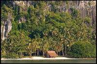Una casa de madera en una idílica playa de la isla Comocutuan Island. Palawan.