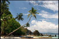 Varias barcas atracadas en la arena blanca de la isla de Pangulasian. Palawan.