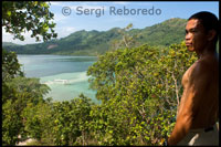 Vista desde una montaña cercana de Snake Island, que toma el nombre por su forma de serpiente cuando baja la marea. Palawan. 