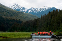 Juneau, Alaska, EE.UU.. Safari Endeavour pasajeros de cruceros en un bote inflable en Paisaje Cove, Thomas Bay, Petersburgo, Alaska suroriental. Thomas Bay se encuentra en el sureste de Alaska. Se encuentra al noreste de San Petersburgo, Alaska y los desagües Baird Glaciar en la bahía. Thomas Bay también es conocida como "La bahía de la muerte" debido a un deslizamiento de tierras en 1750. También ha ganado el nombre de "País del Diablo", cuando en 1900 varias personas afirmaron tener criaturas diablo visto en la zona. Thomas Bay es conocida por ser rica en oro y cuarzo. La fauna tiene alces, osos pardos, osos negros, lobos, ardillas, conejos y otras criaturas de Alaska comunes.