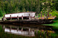 Juneau, Alaska, EE.UU.. Barco viejo en un bosque templado lluvioso en las islas Brothers entre Pasaje Stephens y Frederick Sound. Archipiélago Alexander, el sudeste de Alaska. Los Tres Hermanos es un pequeño arrecife situado frente a la costa norte de la isla de Kodiak, Alaska, a unos 2 km al este de Shakmanof Point y 2,5 km al oeste de Ouzinkie.