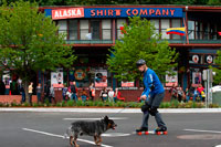 Juneau, Alaska, EE.UU.. Downtown. Patinaje con un perro en las calles de Juneau. Calle S Franklin. Shirt Company Alaska. Alaska, EE.UU.. La ciudad y el municipio de Juneau es la capital de Alaska. Es un municipio unificado situado en el canal inglés en el panhandle de Alaska, y es la segunda ciudad más grande de Estados Unidos por área. Juneau es la capital de Alaska desde 1906, cuando el gobierno de lo que era entonces el Distrito de Alaska fue trasladado de Sitka según lo dictado por el Congreso de Estados Unidos en 1900. El municipio unificado el 1 de julio de 1970, cuando la ciudad de Juneau se fusionó con la ciudad de Douglas y los alrededores Mayor Juneau Borough para formar el municipio la autonomía actual.