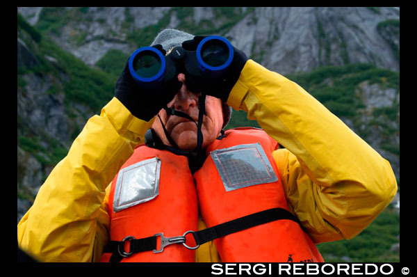 Passenger with binoculars on cruise ship Safari Endeavour at anchor at Fords Terror, Endicott Arm, Tongass National Forest, Juneau, Alaska, USA. Cliff-walled fjords sliced into the mountainous mainland are on tap today as you slowly slip into an area widely acclaimed as the most beautiful in Alaska. With more designated Wilderness Areas than any state in the nation, the finest include Endicott Arm and Ford’s Terror, a pristine tidal inlet and fjord. Explore this majestic fjord by kayak or skiff, a unique opportunity indeed. View rugged ice-covered mountains gleaming high overhead and a glacier that actively calves into the ice-filled fjord of Endicott Arm. Toast your voyage with a festive Farewell Dinner, and before turning in, your Expedition Leaders share a “photo journal” of your trip together.