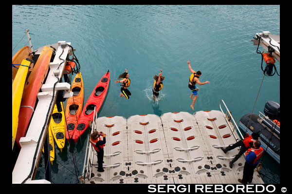 Los pasajeros del crucero Safari Endeavour toman una zambullida polar en sonido de Frederick. Pasaje de Stephen. Petersberg. Alaska. EE.UU.. El Polar Plunge fue ofrecido aquí en Gut Bay esta mañana, a las 9:45 am y las 11:00 am. Sin embargo, con temperaturas suaves y agua relativamente caliente (para Alaska), la mayoría de quienes participaron en el paso dijo que el agua estaba realmente muy refrescante. Casi me hice el paso a mí mismo - pero quedé en cubierta con una taza de café y observé su lugar.