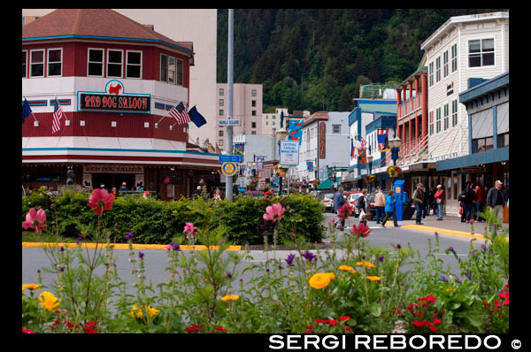 Downtown. Streets of Juneau. S Franklin street. Red Dog Saloon. Alaska, USA.  The City and Borough of Juneau is the capital city of Alaska. It is a unified municipality located on the Gastineau Channel in the Alaskan panhandle, and is the second largest city in the United States by area. Juneau has been the capital of Alaska since 1906, when the government of what was then the District of Alaska was moved from Sitka as dictated by the U.S. Congress in 1900. The municipality unified on July 1, 1970, when the city of Juneau merged with the city of Douglas and the surrounding Greater Juneau Borough to form the current home rule municipality. The area of Juneau is larger than that of Rhode Island and Delaware individually and is almost as large as the two states combined. Downtown Juneau  is nestled at the base of Mount Juneau and across the channel from Douglas Island. As of the 2010 census, the City and Borough had a population of 31,275. In July 2013, the population estimate from the United States Census Bureau was 32,660, making it the second most populous city in Alaska after Anchorage.(Fairbanks is however the second-largest metropolitan area in the state, with more than 97,000 residents.) Between the months of May and September, Juneau's daily population can increase by roughly 6,000 people from visiting cruise ships.