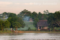 Small huts lined up at the margin of one of the tributaries of the Amazon to Iquitos about 40 miles near the town of Indiana.