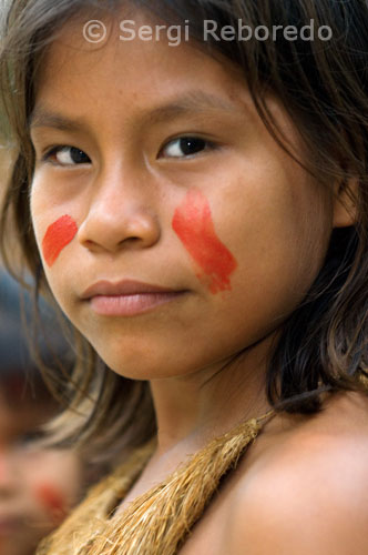 Yagua town. A traditionally painted teen poses for the camera. Following the same criteria of moieties, clans in the category of birds are divided into "two sub-species" clan, differentiated by size or color criteria, so for example, there is a clan of Chico Paucar women with swapping paucar the largest macaw and a clan of black.