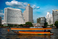 Bangkok. Chao Praya Express Boat Bangkok, Public boat, ferry. Bangkok. Asia.  Shangri La Hotel. The Chao Phraya river makes a great way to get around, since many of the major tourist sites are easily accessible from the river. Chao Praya River Express operates a regular boat service up and down the river. Sort of a bus on the water. Fares are extremely cheap - you can get just about anywhere for 11 Baht to 25 Baht (0.34 USD to 0.76 USD) depending on the distance and the type of boat. There are piers next to many of the riverside hotels. Even if you aren't staying on the river, if you are staying close to the elevated train system, you can catch a train to the Taksin Bridge station. A River Express pier is on the river right below the station, and there is generally someone on duty at the pier to sell you a ticket and help plan your trip.