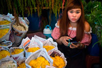 Bangkok. Dona venedora de flors margarides en Pak Khlong Talat, Mercat de les flors, Bangkok, Tailàndia. Pak Khlong Talat és un mercat a Bangkok, Tailàndia, que ven flors, fruites i verdures. És el mercat de flors primària a Bangkok i ha estat citat com un "lloc de [] de valors simbòlics" als residents de Bangkok. Està situat a Chak Phet Road i carrerons adjacents, a prop de Memorial Bridge. Encara que el mercat està obert les 24 hores, és més actiu abans de l'alba, quan els vaixells i els camions arriben amb les flors de les províncies properes. El mercat té una llarga història.