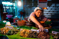 Bangkok. Mujer vendedor. Puesto de comida. Pescado, verduras, comida rápida. Ko Kret (también Koh Kred) es una isla en el río Chao Phraya, a 20 km al norte de Bangkok, Tailandia. La isla sólo data de 1722, cuando un canal fue construido como un atajo para eludir una curva en la rama de OM Kret del río Chao Phraya. Mientras el canal se amplió varias veces, la sección cortada finalmente se convirtió en una isla separada. La isla sigue sirviendo de refugio a las tribus lun que dominaron el centro de Tailandia entre los siglos décimo sexto y ya han mantenido una identidad diferenciada en su versión del budismo y, en particular a Ko.