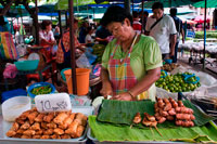 Bangkok. Food stalls at Tha Chang Pier 9. Woman selling spring rolls. Bangkok. Thailand. Phra Chan Road's dozens of stalls have pretty much all Thai food cravings covered. If there’s one food rule in Thailand, it’s that the area surrounding any university will be a gastronomic gold mine. This little cluster of sois and restaurants on the river at the end of Phra Chan Road and beside Thammasat University is more than enough proof. Out front, it's mostly shops selling clothes and jewelry, but toward the river tiny hallways and crowded wall-to-wall eateries sell nearly every Thai dish imaginable