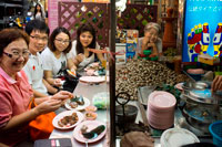 Bangkok. Restaurants in Thanon Yaowarat road at night in central Chinatown district of Bangkok Thailand. Yaowarat and Phahurat is Bangkok's multicultural district, located west of Silom and southeast of Rattanakosin. Yaowarat Road is the home of Bangkok's sizable Chinese community, while those of Indian ethnicity have congregated around Phahurat Road. By day, Yaowarat doesn't look that much different from any other part of Bangkok, though the neighbourhood feels like a big street market and there are some hidden gems waiting to be explored. But at night, the neon signs blazing with Chinese characters are turned on and crowds from the restaurants spill out onto the streets, turning the area into a miniature Hong Kong (minus the skyscrapers). Phahurat is an excellent place for buying fabrics, accessories and religious paraphernalia.