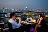 Bangkok. Posta de sol Paisatge de Xarxa Sky Restaurant terrat. Bangkok. Tailàndia. A la planta superior de l'Centara Grand gratacels al centre de la ciutat. La vista Chinatown, més el Gran Palau i temples de l'illa de Rattanakosin. Xarxa Sky és un dels nous bars del terrat i restaurant a Bangkok. Si bé no ofereix colpejar la vora del riu o vistes copes dels arbres que altres bars del terrat gaudeixen, té bastant impressionants vistes panoràmiques de 360 graus del seu pis 55, un dels llocs més convenients de la ciutat. Si vostè visita Bangkok, és probable que el resultat final serà anar de compres a la zona de Siam, on es troben els més grans i moderns centres comercials, com el llegendari Siam Paragon, MBK i el CentralWorld recentment reconstruït.