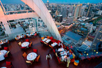 Bangkok. Xarxa Sky Restaurant terrat. Bangkok. Tailàndia. A la planta superior de l'Centara Grand gratacels al centre de la ciutat. La vista Chinatown, més el Gran Palau i temples de l'illa de Rattanakosin. Xarxa Sky és un dels nous bars del terrat i restaurant a Bangkok. Si bé no ofereix colpejar la vora del riu o vistes copes dels arbres que altres bars del terrat gaudeixen, té bastant impressionants vistes panoràmiques de 360 graus del seu pis 55, un dels llocs més convenients de la ciutat. Si vostè visita Bangkok, és probable que el resultat final serà anar de compres a la zona de Siam, on es troben els més grans i moderns centres comercials, com el llegendari Siam Paragon, MBK i el CentralWorld recentment reconstruït.