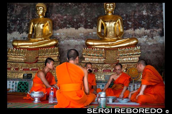 Monjos resant al temple de Wat Suthat Thepwararam. Bangkok. Monjos en Wat Suthat Thepwararam Ratchaworamahaviharn, Bangkok, Tailàndia, Àsia. Quan esmentem Wat Suthat Thep Wararam (o en curt, Wat Suthat), pensem en l'enorme i meravellosament fet a mà Phra Sri Sakayamuni (o pronunciem com Sisakayamunee "Si-Sak-kaya-mu-nee" o) imatge de Buda al temple. Per amulets col·leccionistes, Phra Kring de Wat Suthat té el seu atractiu màgic. Aquest temple està situat en Bamrungmuang Road, centre de Bangkok Metropolità on de vegades els vilatans anomenaven com Krung Ratanakosin. En realitat no és massa lluny d'altres llocs d'interès turístic com el Royal Palace Grand, Museu Nacional, etc., i en els pocs quilòmetres quadrats, es pot trobar als altres temples d'escales o interessos similars, com Wat Boworniweithviharn, Wat Thepthidaram , Wat Mahannopphram, Wat Mahadhat, Wat Phra Chetuphon (Wat Pho), Wat Arun, Wat Rachapradit etc. Wat Suthat va ser construït el 1807 AD després del 27 aniversari de la fundació de Bangkok pel rei Rama 1, el governant de Ratanakosin. Durant els últims dos-cents anys, ha sobreviscut al pas del temps i, en general, està molt ben gestionat i mantingut. Hi ha moltes estructures i artefactes en aquesta temples que han estat renovades, conservats, conservades i el lloc sagrat és com actuar com centre d'estudis budistes i difusió. Wat Suthat també té altres noms, com ser referit com Wat Maha Suthra Wad, Wat Suthat Thep Tharam, Wat Phra Toe o Phra Yai etc. Alguns d'aquests noms van ser donats pel rei tailandès anterior com la seva ubicació estratègica al centre de Bangkok s'assembla Suthat Sana Nakhon, una ciutat situada a la Muntanya Sumeru, el centre de l'univers, on Indra està habitant i els noms donats simples implica el temple es centra com el nucli de totes les coses bones per al Regne de Tailàndia que el rei desitjava reconstruir la brillantor d'Ayutthaya, antiga capital que va capitular i arruïnat per l'invasor dels birmans en 1767. Hi ha una estructura molt prominent que alguns anomenen com un gronxador, es creia que ser construït en 1784 que localitza mig entre el trànsit intens a la part davantera de l'entrada principal de Wat Suthat. El recinte del temple sencer cobrint 45.000 metres quadrats. A dins, té molts monuments arquitectònics, escultòrics i visuals interessants que reflecteixen el tema original de budisme tailandès i filosofia.