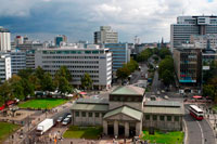 Berlin. Germany. Views of Wittenbergplatz in Kurfürstendamm from KaDeWe, Tauentzienstrasse.  Wittenbergplatz (after the city of the same name) is a square in the western part of Berlin, Germany, within the district of Schöneberg near the border with Charlottenburg. It was laid out between 1889 and 1892 and named after the storming of the town of Wittenberg on 14 February 1814 by Prussian troops under General Bogislav Friedrich Emanuel von Tauentzien in the course of the War of the Sixth Coalition.