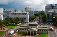 Berlin. Germany. Views of Wittenbergplatz in Kurfürstendamm from KaDeWe, Tauentzienstrasse.  Wittenbergplatz (after the city of the same name) is a square in the western part of Berlin, Germany, within the district of Schöneberg near the border with Charlottenburg. It was laid out between 1889 and 1892 and named after the storming of the town of Wittenberg on 14 February 1814 by Prussian troops under General Bogislav Friedrich Emanuel von Tauentzien in the course of the War of the Sixth Coalition.