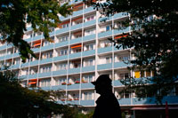 Berlin. Germany. Apartment building Hansaviertel Berlin Germany. Apartment building at Altonaer Strasse 3-9 in Hansaviertel modernist housing estate in Berlin Germany. Flats at Hansaviertel.  Built as part of the Interbau Exhibition rehabilitation program, in which Le Corbusier, Walter Gropius, and Ludwig Mies van der Rohe also participated.