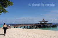 A diver on the beach of the island of Mabul Pualu next to the nearby Sipadan Water Village Resort. The reefs around Mabul have a great reputation for its great bio-diversity. One of the best dive sites is the Wall of Lobsters.