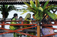 A Malay family in one of the gateways to the Hotel Dragon Inn. Semporna. Eastern Sabah.