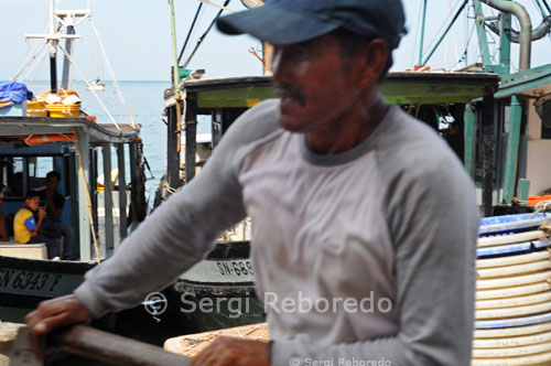 Un pescador sobre una barca en el puerto de Semporna. Borneo. Una patrullera color caqui también desentona entre los botes, todos de color blanco. espués de la segunda inmersión, en la que ya has perdido la cuenta de las especies que has visto, el bote se dirige a Mabul, donde se hace la tercera. Esta inmersión casi siempre es peor que en Sipadan porque la presión sobre el ecosistema de toda la gente alojada es muy fuerte y la visibilidad es siempre menor.  La recomiendo para los fanáticos del buceo que son capaces de hacer 5 ó 6 inmersiones al día, porque en la plataforma tienes todas las ventajas de estar en un barco de buceo pero ninguno de sus inconvenientes, aunque cuando el viento es fuerte, se bambolea un poco, pero nunca como un barco.  Con 5 plantas que pueden alojar casi a 100 personas, para bucear sólo tienes que ponerte el traje y te bajan en un elevador. Algunos buceadores intrépidos incluso se tiran desde la plataforma directamente al mar. En la propia base de la plataforma, colocada sobre 6 enormes pilotes que se apoyan sobre el fondo a 15 metros de profundidad, la variedad de fauna es enorme, incluido un pez que no conocía, y que parece "imposible", el pez sapo, que camina con manos en vez de aletas y tiene un aspecto rarísimo.  La plataforma está cerca de Mabul y el resto de inmersiones se hacen entre Mabul, Sipadan y Kapalai. Kapalai es una isla invisible 2 veces al día, porque en realidad es un banco de arena que desaparece con la marea alta, y de ella sólo asoman las cabañas construídas sobre pilotes.