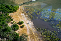 Vistas aéreas desde la avioneta antes de llevar al campamento Savute Elephant Camp de Orient Express en Botswana, en el Parque Nacional de Chobe.  Desde la avioneta podemos disfrutar de espectaculares vistas del Delta y del fascinante hábitat que forma el río Okavango que nace en Angola atraviesa Namibia y viene a desembocar a Botswana formando este fabuloso Delta interior antes de desaparecer bajo las arenas del desierto del Kalahari. La gran riqueza de flora y la abundancia de agua convierten la región del Delta del Okavango en el hogar ideal para numerosas especies de mamíferos depredadores y aves. A su llegada recepción en el strip y traslado al Lodge. Por la tarde después de haberse refrescado y disfrutar de un delicioso almuerzo saldrán para realizar su primera salida de safari en mokoro. Deslizarse por los canales del Delta en estas sencillas naves escuchando sólo los sonidos de la naturaleza será una experiencia inolvidable. Podrá observar la fauna en el Delta desde las minúsculas ranas que descansan en los juncos hasta los elefantes que se desplazan de isla en isla. Llegarán a una de las islas cercanas y acompañados de su experto guía realizarán una ruta a pie con la posibilidad de observar cebras jirafas impalas hipopótamos ñus elefantes y con suerte leones y leopardos. Regreso en mokoro al Lodge y tiempo para descansar y sentarse a observar la impresionante luz del atardecer en el Delta del Okavango y a los hipopótamos que empiezan a abandonar el agua de los canales. Cena alrededor del fuego.