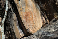 Cave paintings near Camp Savute Elephant Camp Botswna Orient Express in Chobe National Park. Chobe National Park wet and dry cycles shape the landscape and dictate the nature of the wild inhabitants of the plain. Acclaimed worldwide for its abundance of animals, Savute promises an unforgettable experience. Here the crocodiles swimming in the same channel where wild dogs hunted only a few years ago. Beyond, the hills of home Gubatsa leopards and paintings of the life of primitive men once inhabited the area. Animals. Chobe National Park is known for the high concentration of elephants, with more than 50,000 is the largest grouping of these adorable elephants in Africa.