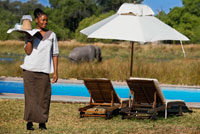 Una camarera sirve té helado a los turistas que llegan de safari en el campamento Khwai River Lodge de Orient Express en Botswana, en el interior de la Reserva Salvaje de Caza Moremi. Khwai River Lodge está situado a orillas del Río Khwai, junto a la Reserva de Caza Moremi, en Botswana. El río Okavango es un largo río africano, que nace en la meseta de Bié, en Angola, en una zona bastante lluviosa, y que tras un recorrido de casi 1.000 km penetra en una cuenca endorreica, ya en Botsuana, donde ha formado una extensa región aluvional impropiamente denominada y conocida en todo el mundo como el delta del Okavango. Como desemboca en una zona con un clima muy árido, se trata de un río alóctono, como es el caso del río Nilo, en Egipto, o el río Níger en Malí. La mejor época para visitar el delta depende de lo que se quiera observar. Si lo que se busca son animales grandes, el mejor periodo es entre mayo y octubre, cuando las aguas bajan y aquellos se concentran alrededor del agua. Si lo que se quiere ver son aves y una vegetación exuberante, la mejor época es entre noviembre y abril, la época de las lluvias. Los leones del Okavango son famosos por su tamaño y fortaleza, y porque se dice que son los únicos leones nadadores que existen. También se pueden observar elefantes, muy numerosos en el Okavango, águilas marcial, cebras, búho pescador común, etc. 