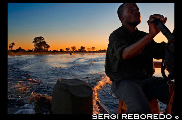 Navegant al vespre en una llanxa ràpida durant el safari aquàtic al campament Eagle Island Camp d'Orient Express , als afores de la Reserva d'Animals de Moremi , a Botswana . Mbiroba és un càmping que també té cabanes tradicionals i bungalous . Està a la vora del delta de l'Okavango i el seu major atractiu són els viatges en mokoro o canoes tradicionals , que es gestionen a través de l'associació ' Okavango Poler s Trust ' . Es fan excursions d'un o dos dies i endinsar-se en les profunditats del delta per gaudir de la seva fauna , paisatges i calma absoluta només trencada per les trucades dels hipopòtams al vespre . Durant l'excursió pel Delta cal tenir en compte que és una zona plena d'animals salvatges i tenir molta cura de no molestar , especialment als hipopotamos durant el viatge en mokoro . El Delta de l' Okavango és un dels més grans del planeta, amb 15.000 quilòmetres quadrats . A aquest sistema de llacs , banyats , rius i canals arriben milions d'espècies en estat silvestre . Un banquet visual per als fanas dels animals