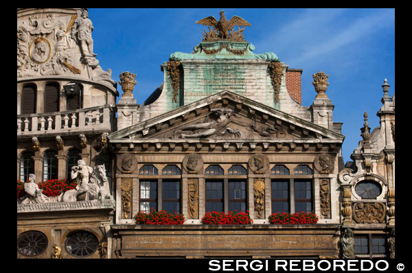 Some of the roofs of Louve, Sac and Brouette. Grand Place. The Louve, Sac and Brouette are a group of houses that were rebuilt in 1695, when the rest of the buildings in the Grand Place is renewed. Due to the conservation of their facades, are considered the most beautiful buildings in the Grand Place. EAGLE ON THE BUILDING.