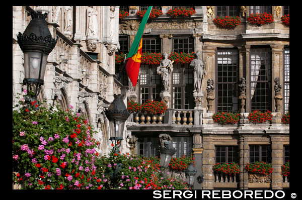 Some of the balconies and facades Louve, Sac and Brouette, near the Hôtel de Ville. (City Hall). Grand Place. The Louve, Sac and Brouette are a group of houses that were rebuilt in 1695, when the rest of the buildings in the Grand Place is renewed. Due to the conservation of their facades, are considered the most beautiful buildings in the Grand Place. STREETLIGHTS FLAGS and balconies on the Grand Place