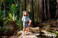 Isla Atiu . Isla Cook. Polinesia . El sur del Océano Pacífico. Una guía muestra los detalles de las impresionantes cuevas Kopeka aves en Atiu . Una de las cuevas más largas y espectaculares de las cuatro islas se encuentra al sur - este de Atiu , Anatakitaki o la Cueva de los Kopekas . Esta es una gran cueva solución, una serie de grandes cámaras y corredores , con una duración estimada de 1 km. Un lago de agua dulce se puede encontrar en la parte inferior de la cueva. La cueva en sí tiene una entrada colapsada . Fuera de esta entrada varios colapsos abren a la selva, donde la vegetación penetra en la cueva. Un punto de vista es especialmente agradable de las lianas que cuelgan , los " bell- tira" . La cueva está muy bien decorado con estalactitas blancas , estalagmitas y coladas . Los espeleotemas ricas y coloridas son fenómenos típicos de desarrollo cueva tropical. Como consecuencia de la capa de roca relativamente poco profunda y fuertemente fisurada encima de la cueva , raíces de diversas dimensiones han roto a través de . Algunas de las raíces han llegado también los espeleotemas . El Kopeka son pequeños pájaros, muy parecidos a los vencejos que anidan en grandes cantidades dentro de la cueva . Cuando salen a cazar insectos que nunca se ven el aterrizaje