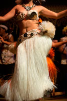 Rarotonga Island. Cook Island. Polynesia. South Pacific Ocean. A woman dances moving her hips in one of the traditional dances of the Cook Island, in Polynesia during the Highland Paradise Cultural Village show.  The music of the Cook Islands is characterized by heavy drums and "frantic ukuleles" and Raro Records is the main specialist in music retail on the islands. Performing groups include the Cook Islands National Arts Theatre, Arorangi Dance Troupe, Betela Dance Troupe, Akirata Folk Dance Troupe, and Te Ivi Maori Cultural Dance Troupe. Men perform the hura, which is the equivalent of the Hawaiian hula, locking their feet on the ground and keeping their shoulders steady. Drums form part of an ensemble. Akirata Folk Dance Group. Dances are performed at multicultural festivals. One of the popular traditional dances of the Cook Islands is the Maori Ura, a sacred ritual usually performed by a female who moves her body to tell a story, accompanied by intense drumming by at least 5 drummers. Moving the hips, legs and hands give off different gestures to the audience to tell a tale, typically related to the natural landscape such as the ocean and birds and flowers, but also feelings of love and sadness. 