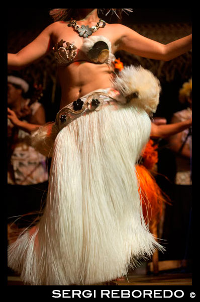 Rarotonga Island. Cook Island. Polynesia. South Pacific Ocean. A woman dances moving her hips in one of the traditional dances of the Cook Island, in Polynesia during the Highland Paradise Cultural Village show.  The music of the Cook Islands is characterized by heavy drums and "frantic ukuleles" and Raro Records is the main specialist in music retail on the islands. Performing groups include the Cook Islands National Arts Theatre, Arorangi Dance Troupe, Betela Dance Troupe, Akirata Folk Dance Troupe, and Te Ivi Maori Cultural Dance Troupe. Men perform the hura, which is the equivalent of the Hawaiian hula, locking their feet on the ground and keeping their shoulders steady. Drums form part of an ensemble. Akirata Folk Dance Group. Dances are performed at multicultural festivals. One of the popular traditional dances of the Cook Islands is the Maori Ura, a sacred ritual usually performed by a female who moves her body to tell a story, accompanied by intense drumming by at least 5 drummers. Moving the hips, legs and hands give off different gestures to the audience to tell a tale, typically related to the natural landscape such as the ocean and birds and flowers, but also feelings of love and sadness. The ura dance has three distinct components; the ura pa'u (drum dances), korero (legends) and kaparima (action songs). To perform the ura, women typically wear a pareu and a kikau (grass) skirt, with flowers and shell headbands and necklaces known as ei. Men during the dance are said to "vigorously flap their knees in a semi-crouched position while holding their upper bodies steady, and they typically wear kikau skirts and headbands. The drumming group, an integral part of the Ura typically consists of a lead drummer (pate taki), support lead (pate takirua), a double player (tokere or pate akaoro) playing wooden gongs, and two other players playing skin drums (pa'u and mango). The finest performances of the Ura are put on in Rarotonga. A sexually charged variant of the ura dance is known at the ura piani in which both men and women are involved in telling the story. Other variations include the ura rore (stilt dance), ura tairiri (fan dance), ura korare (spear dance), and ura rama (torch dance).  Aside from the Ura dance and its component such as the korero and kaparima, there are several other genres of music and dance in the Cook Islands including dance dramas (peu tupuna), religious pageants (nuku), formal chants (pe'e), celebratory chants ('ute), and polyphonic choral music ('imene tapu). Like the ura, these are also often accompanied by drums. 