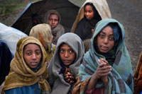 Several children pose next to Simien Lodge. The National Park of the Simien Mountains is an area of ??unspoiled nature which develops at a height of about 3,000 meters. The highest peaks far exceed 4,000 meters, and the valleys and mountain cuts create unevenness with vertiginous walls in these high plains that were generated after centuries of erosion.