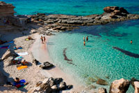 Formentera. Es caló des Mort, Migjorn beach, Formentera, Balears Islands, Spain. Holiday makers, tourists, Es caló des Mort, beach, Formentera, Pityuses, Balearic Islands, Spain, Europe.