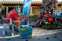Formentera. Hippy artesà i pintor al mercat hippy, Pilar de la Mola, Formentera, Illes Balears, Espanya, Europa