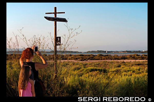 Los turistas con niños toman fotos en la muestra del carril bici. Lago Pudent. Formentera. Islas Baleares, España, Europa. España; Formentera; Pudent; lago; firmar; signos; activo; rutas; viajar; con; infantil; niños; mujer; personas; ciclo; moto; bicicleta; isla; baleares; balear; bicicleta; campo; activo; ciclo; directa; dirección; direcciones; es; estany; formentera; francesc; libre; caminar; senderismo; vacaciones; ibiza; indicar; isla; islas; la; laguna; lago; naturales; ruta; caminos; punto; señalando; Pudent; Pujols; divagar; ruta; sant; Savina; firmar; España; tiempo; turismo; turismo; vacaciones; caminar; caminando; camino; Baleares; atrraction; destino; Europa; Europea; vacaciones; viajar; islas; mediterráneo; fotos; colocar; español; sol; turismo; turístico; vacaciones; vista; Baleares; hermosa; belleza; el paraíso; divertido; feliz; costera; paradisíaca; popular