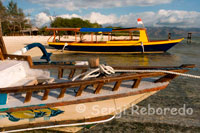 Unas barcas para la práctica del submarinismo descansan en la arena de la playa de la zona Oeste de la isla, cerca del embarcadero del Bounty Resort. Gili Meno.  