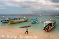 Unes barques a la vora de la platja de la zona Est de la illa, on s'aglutinen la majoria d'hotels. Gili Meno.