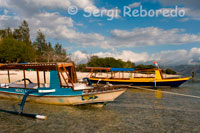 Unes barques per a la pràctica del submarinisme descansen a la sorra de la platja de la zona Oest de l'illa, prop de l'embarcador del Bounty Resort. Gili Meno.