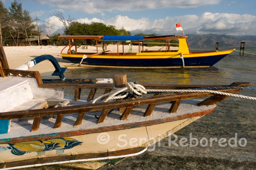 Unes barques per a la pràctica del submarinisme descansen a la sorra de la platja de la zona Oest de l'illa, prop de l'embarcador del Bounty Resort. Gili Meno. El subministrament d'electricitat queda tallat durant la nit, el que la fa, si cap, més salvatge encara. Això sí, els seus mosquits arriben mides bastant considerables i et recorden que ni tan sols, el paradís és perfecte.