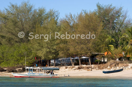 Hoteles a primera línea de playa cerca del embarcadero  de la parte Este de la isla de Gili Meno. Quizá por ser la más grande, Gili Trawangan es donde se ha agrupado la mayor oferta en cuanto a hoteles, bares y restaurantes. Podríamos llamarla así “la isla de la fiesta”, y es que la mayor parte de los que llegan a ella, especialmente los más jóvenes, esperan encontrar noches interminables de cachondeo y descontrol; algo que queda reflejado en los numerosísimos locales que ofrecen abiertamente sus batidos o pizzas de hongos alucinógenos, incluso con servicio “a domicilio”. Sin embargo, por experiencia propia puedo asegurar que nada es tan exagerado como lo pintan, ni la isla está tan abarrotada como se cuenta. Los cuatro días que pasé allí, en temporada alta, fueron de los más relajantes de mi recorrido por Indonesia, y si quería un poquito más de tranquilidad, sólo tenía que alejarme unos metros en la playa para encontrarme completamente sola.