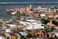 Panama City, Panama, Old part of town, Casco Viejo, seen from Ancon Hill. Casco Antiguo Historic Town Panama City Central America old town houses. Casco Viejo (Spanish for Old Quarter), also known as Casco Antiguo or San Felipe, is the historic district of Panama City. Completed and settled in 1673, it was built following the near-total destruction of the original Panamá city, Panamá Viejo in 1671, when the latter was attacked by pirates. It was designated a World Heritage Site in 1997. 