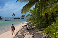 Playa de la isla tomada de la superficie del agua con una exuberante vegetación tropical, Bocas del Toro, el mar Caribe, Cayos Zapatillas, Panamá. Playa de la isla tropical con el árbol que se inclina de coco y un barco, el mar Caribe, Cayos Zapatillas. Cayos Zapatillas Estas dos hermosas islas están situadas en una plataforma de coral que se define, hacia el mar abierto, por las rompientes que se forman como las olas rompen en el arrecife. Cayos Zapatillas, se encuentran dentro de la Isla Bastimentos Parque Nacional Marino. Son famosos por sus hermosas playas, aguas cristalinas, arrecifes de coral y los bosques pequeños pero sombreados. Ellos llevan el nombre de una fruta: la zapatila.