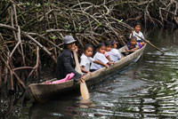 One of the local boats used by the Ngobe Indians as their main form of transport, sheltered under a makeshift lean-to. Channel to entrance at The Ngobe Bugle Indian Village Of Salt Creek Near Bocas Del Toro Panama. Salt Creek (in Spanish: Quebrada Sal) is a Ngöbe Buglé village located on the southeastern end of Bastimentos island, in the Bocas del Toro Archipelago, Province and District of Panama.  The community consists of about 60 houses, an elementary school, handcrafts and general stores. The villagers depend mostly on their canoes for fishing