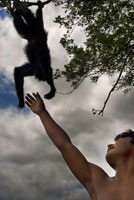 Spider monkey at Villagers of the Native Indian Embera Tribe, Embera Village, Panama. Panama Embera people Indian Village Indigenous Indio indios natives Native americans locals local Parque National Chagres. Embera Drua. Embera Drua is located on the Upper Chagres River. A dam built on the river in 1924 produced Lake Alajuela, the main water supply to the Panama Canal. The village is four miles upriver from the lake, and encircled by a 129.000 hectare National Park of primary tropical rainforest. Lake Alajuela can be accessed by bus and mini-van from the city of Panama. It lies an hour from the city, close to the town of Las Cumbres. 